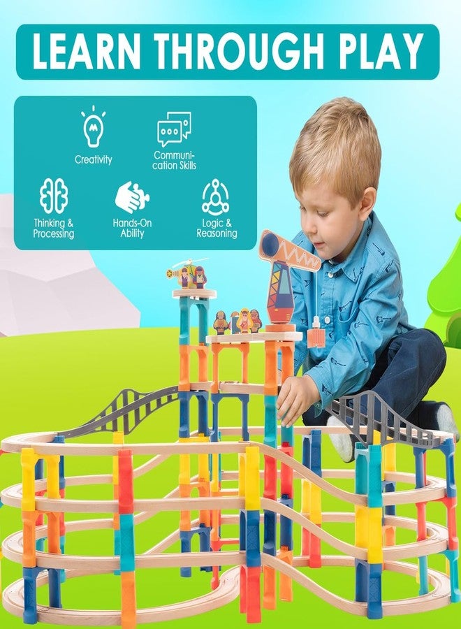 UDEAS 120Pcs Wooden Train Tracks Set, 398-inch Track Expansion, Toddler Railway Bridge Toy Train Set with Airplane and Magnetic Crane, Birthday Gifts for Boys and Girls, Compatible with All Major Brands - Image 3